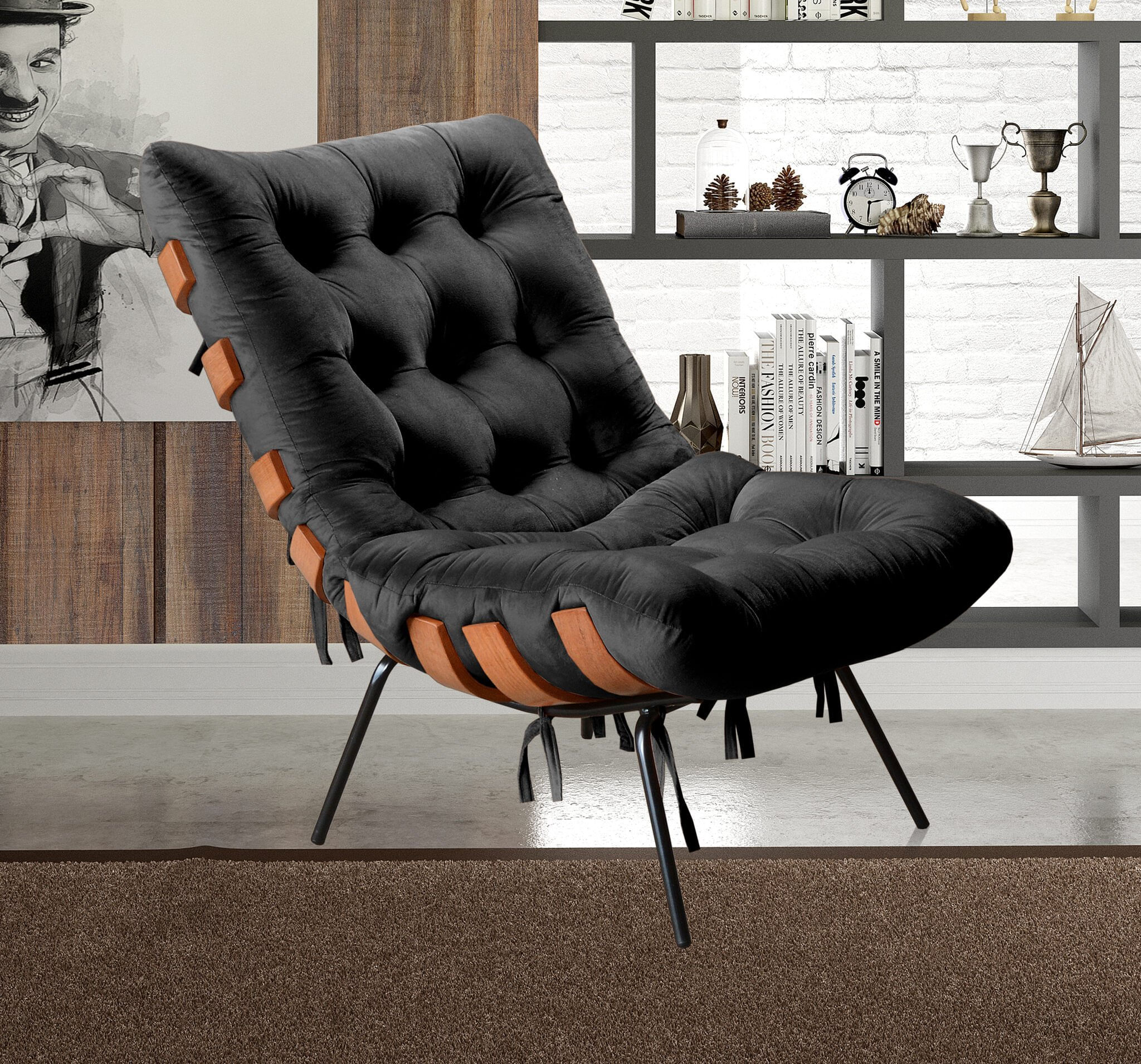 Poltrona Base Fixa Para Sala De Estar Costela Preto