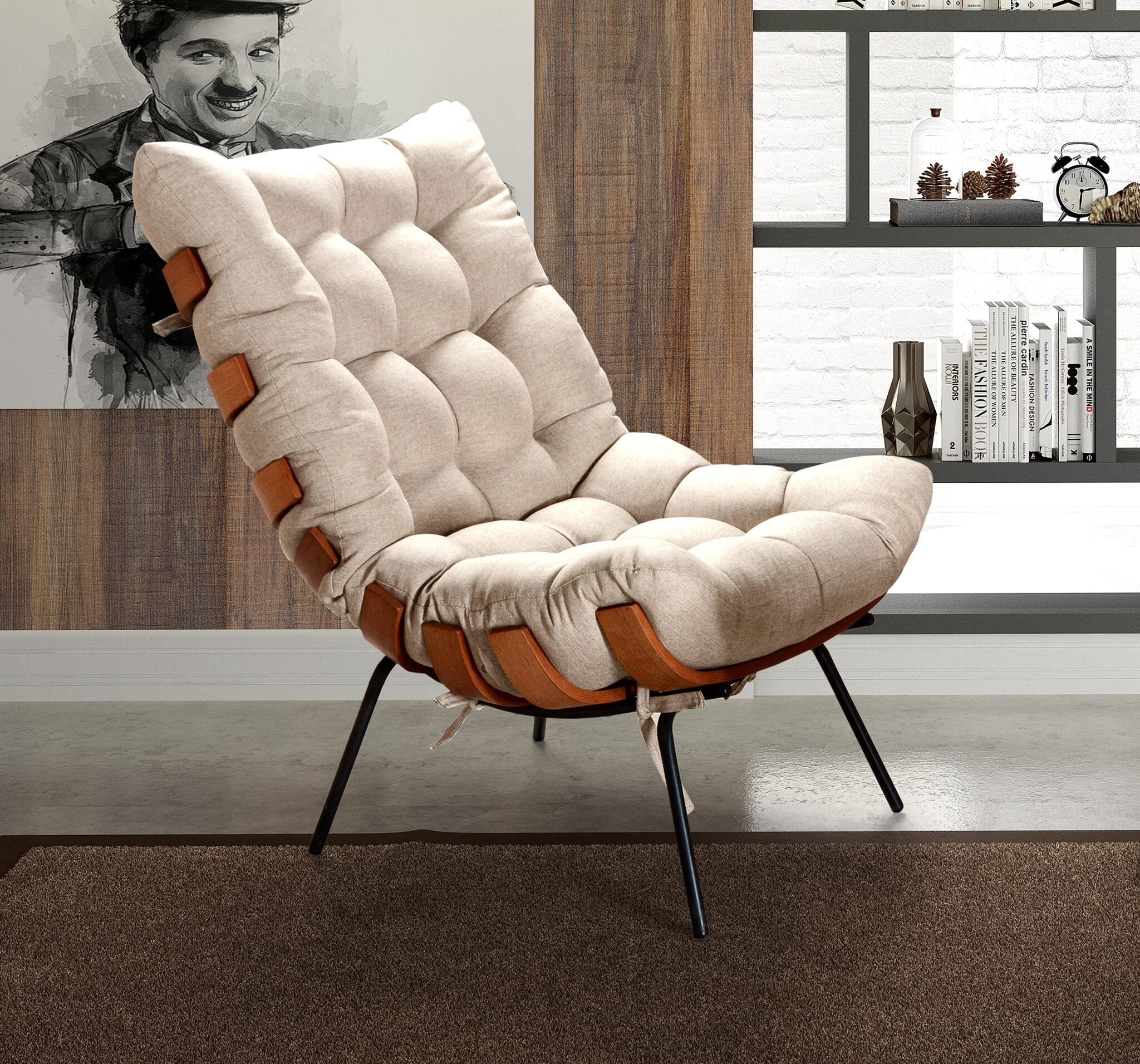 Poltrona Costela Base Fixa Para Sala De Estar Quarto Bege