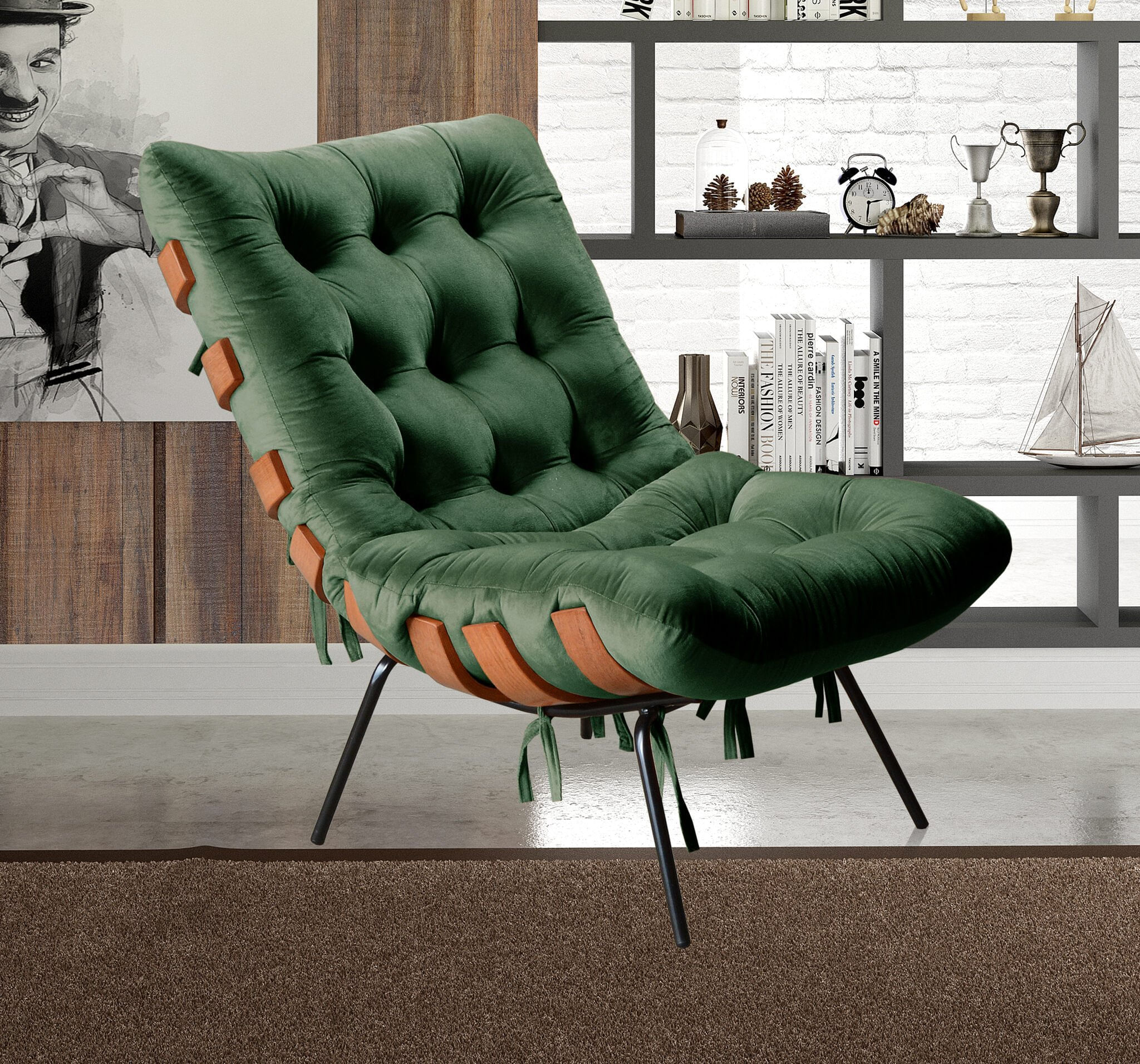 Poltrona Base Fixa Para Sala De Estar Costela Verde