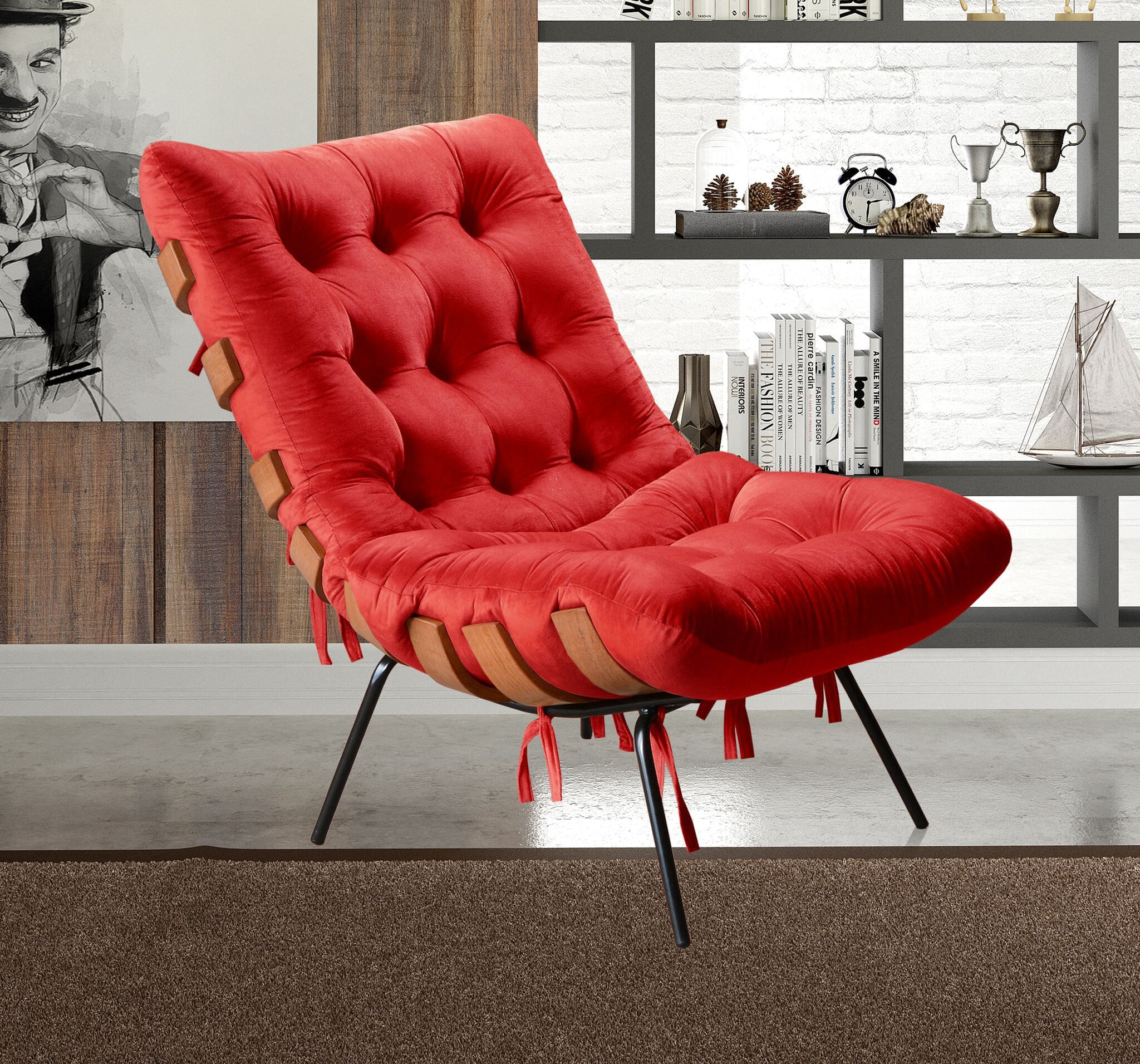 Poltrona Base Fixa Para Sala De Estar Costela Vermelho