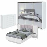 Quarto Com Guarda-roupa 3 Espelhos 3 Portas 6 Gavetas, Cômoda 2 Portas 7 Gavetas E Cama Solaris Branco