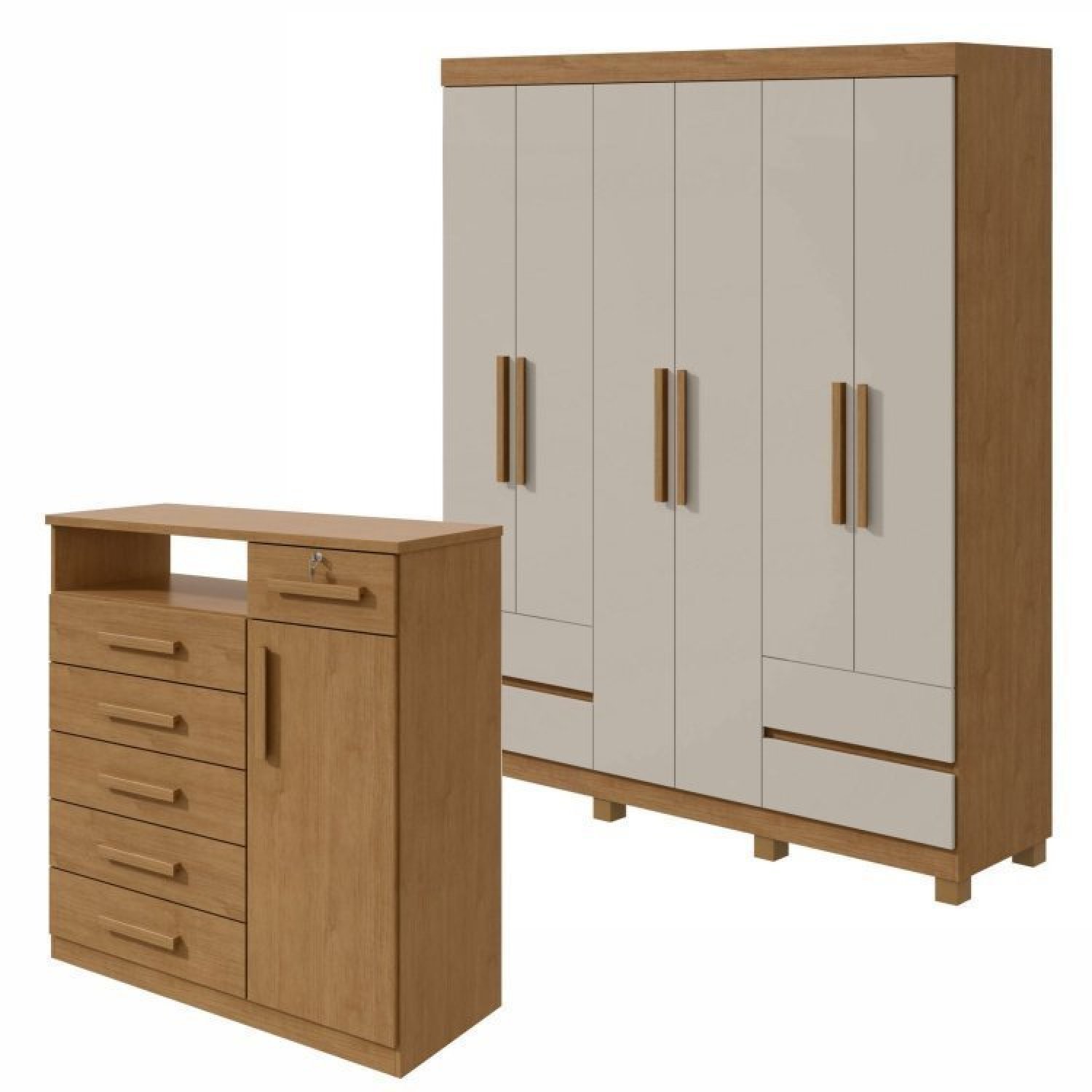 Conjunto De Guarda-roupa 6 Portas 4 Gavetas Zeus Com Pés e Cômoda 1 Porta 6 Gavetas 1 Nicho Da Vinci Amêndoa Clean/off White