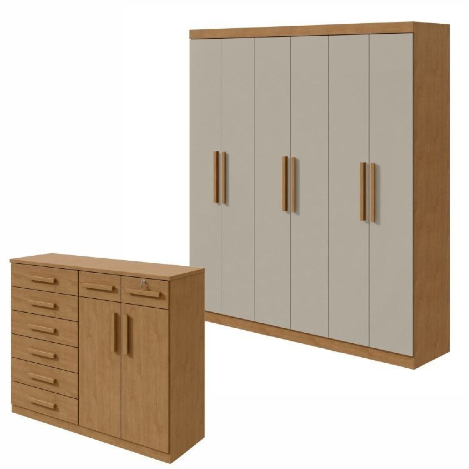 Conjunto De Guarda-roupa 6 Portas Jazz E Cômoda Toronto Amêndoa Clean/off White