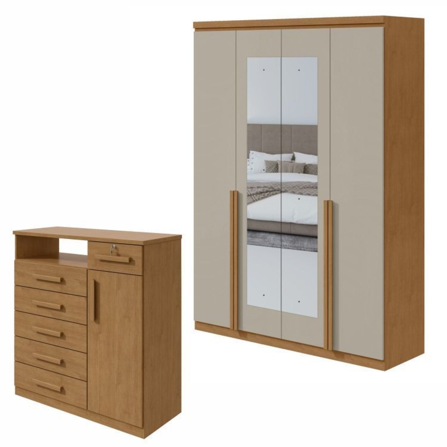 Conjunto De Guarda-roupa Alonzo Com Espelho E Cômoda Da Vinci Com Nicho Amêndoa Clean/off White