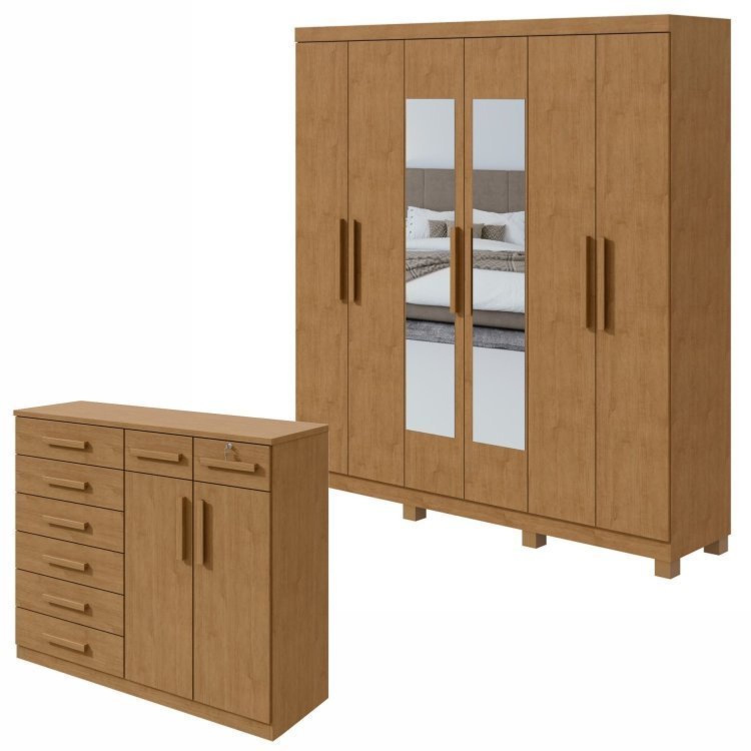 Conjunto De Guarda-roupa 6 Portas Com Espelho E Pés Jazz E Cômoda Toronto Amêndoa Clean
