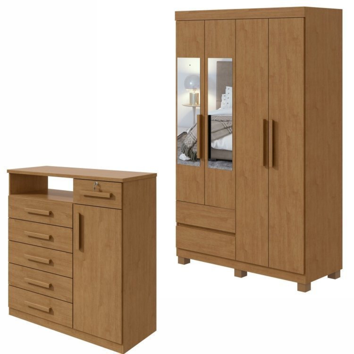 Conjunto De Guarda-roupa 4 Portas Com Espelho E Pés Zeus E Cômoda Da Vinci Amêndoa Clean