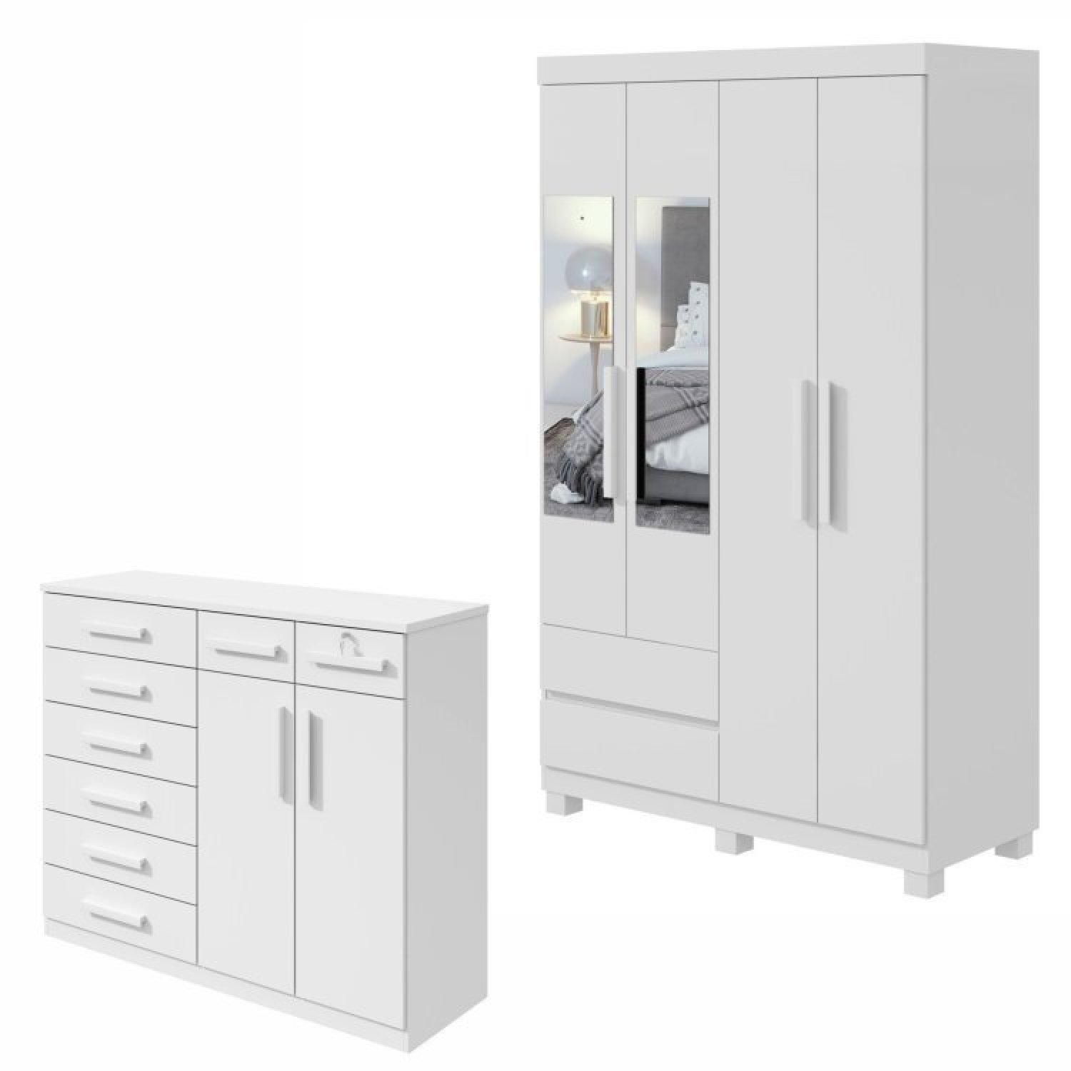 Conjunto De Guarda-roupa 4 Portas 2 Gavetas Zeus Com Espelho E Com Pés e Cômoda Toronto Branco