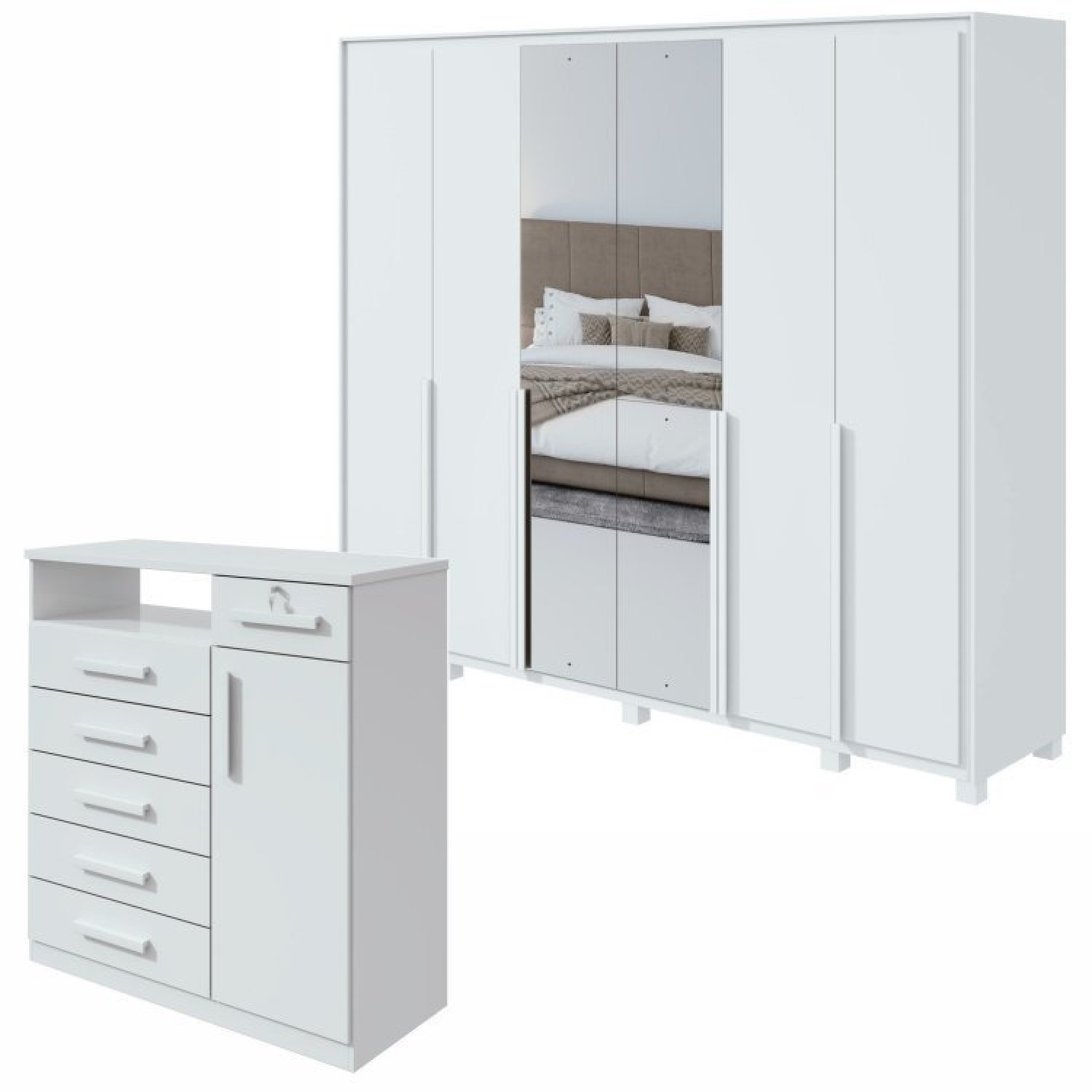 Conjunto De Guarda-roupa 6 Portas Com Espelho E Pés Imperatore Com Cômoda Da Vinchi Com Nicho Branco