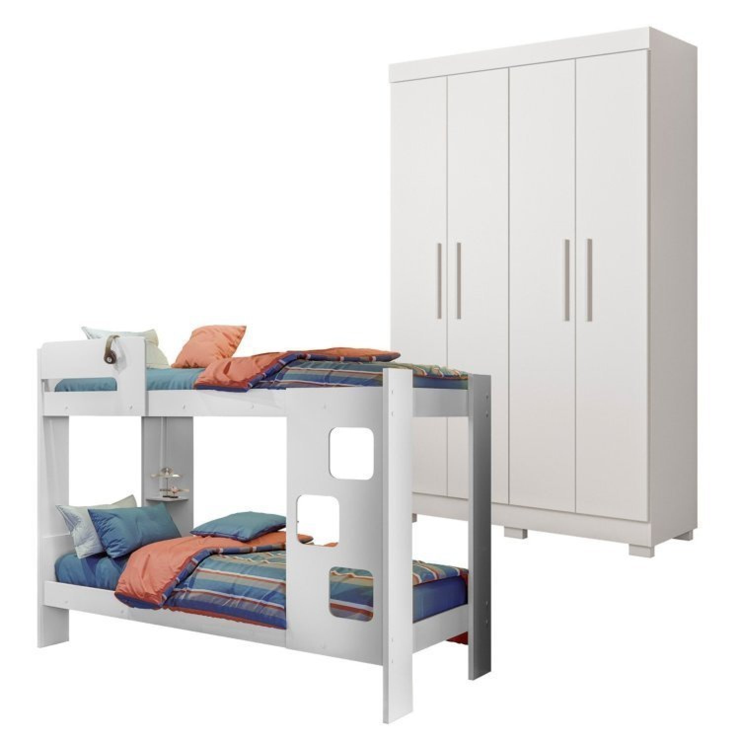 Quarto Infantil/juvenil Com Beliche Vegas E Guarda Roupa 4 Portas 3 Gavetas Flórida 100% Mdf  Branco