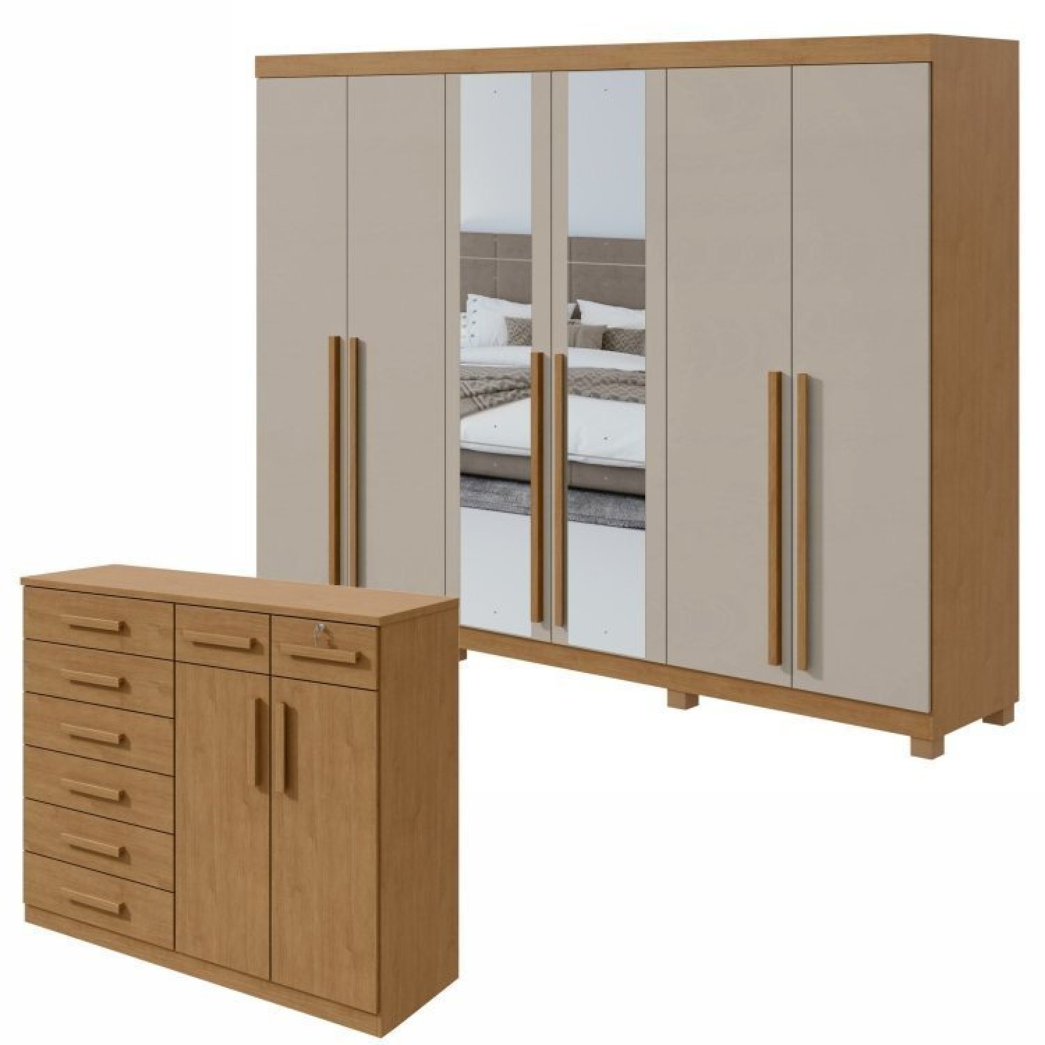 Conjunto De Guarda-roupa Com Espelho E Pés Bertha Com Cômoda Toronto Amêndoa Clean/off White