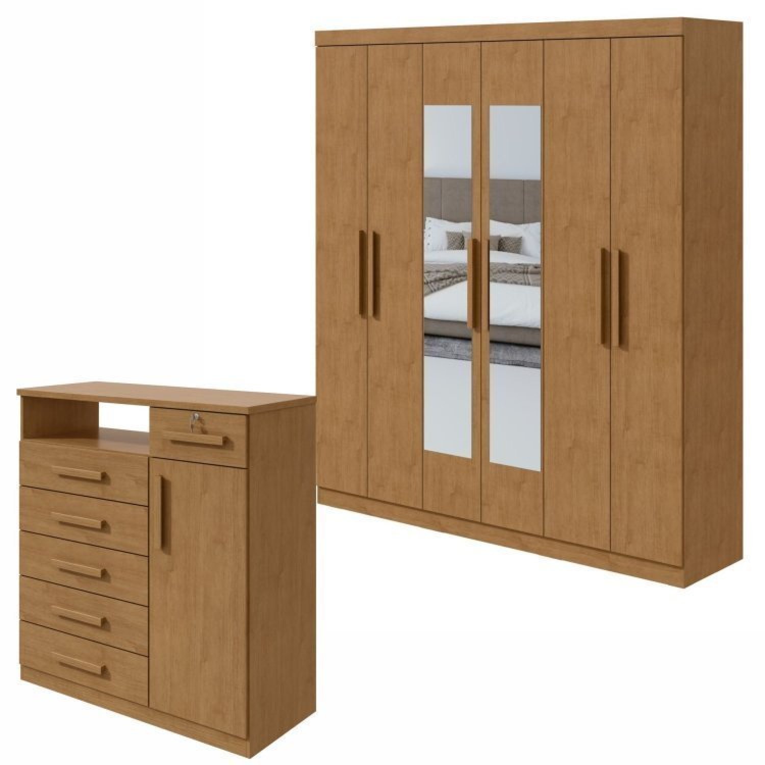 Conjunto De Guarda-roupa 6 Portas Com Espelho Jazz E Cômoda Da Vinci Amêndoa Clean