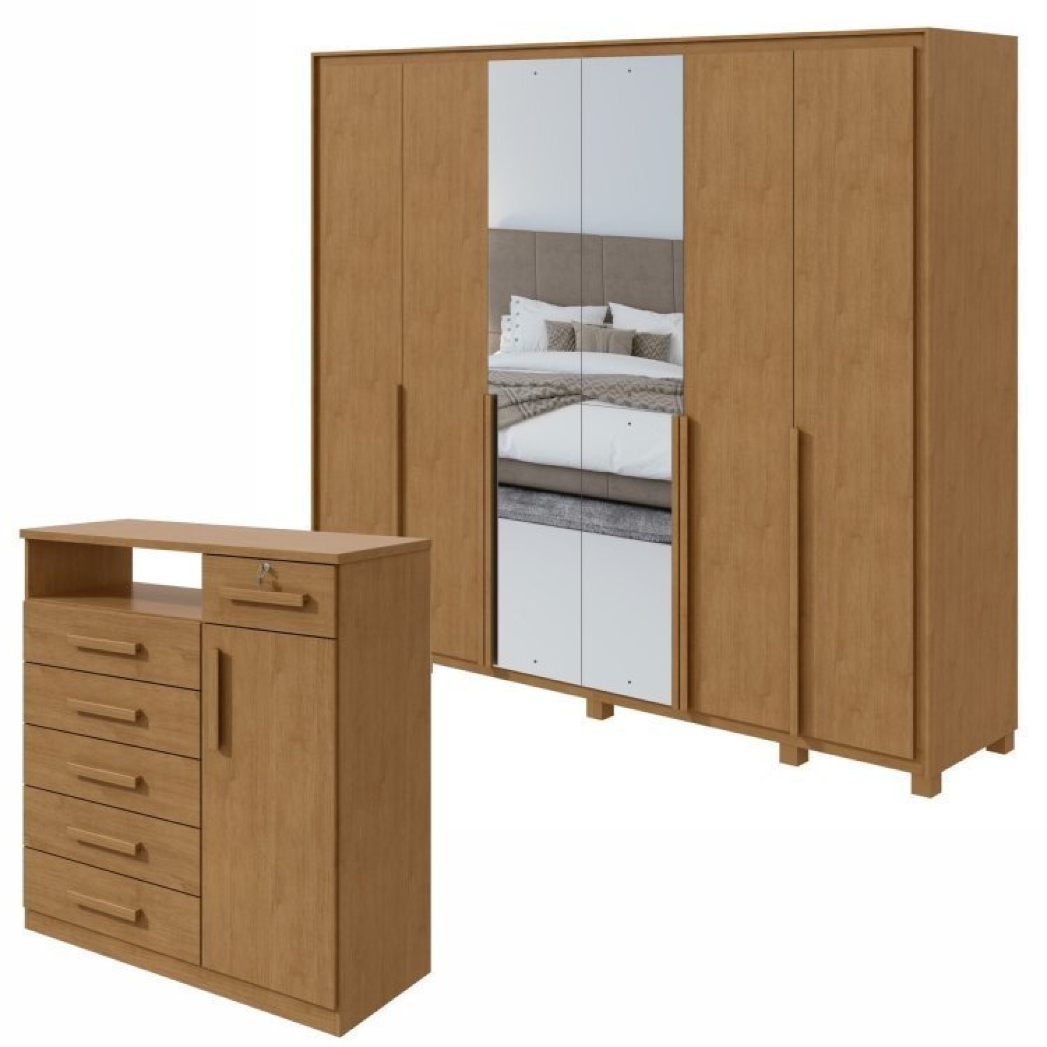 Conjunto De Guarda-roupa Com Espelho E Pés Imperatore Com Cômoda Da Vinchi Amêndoa Clean/off White