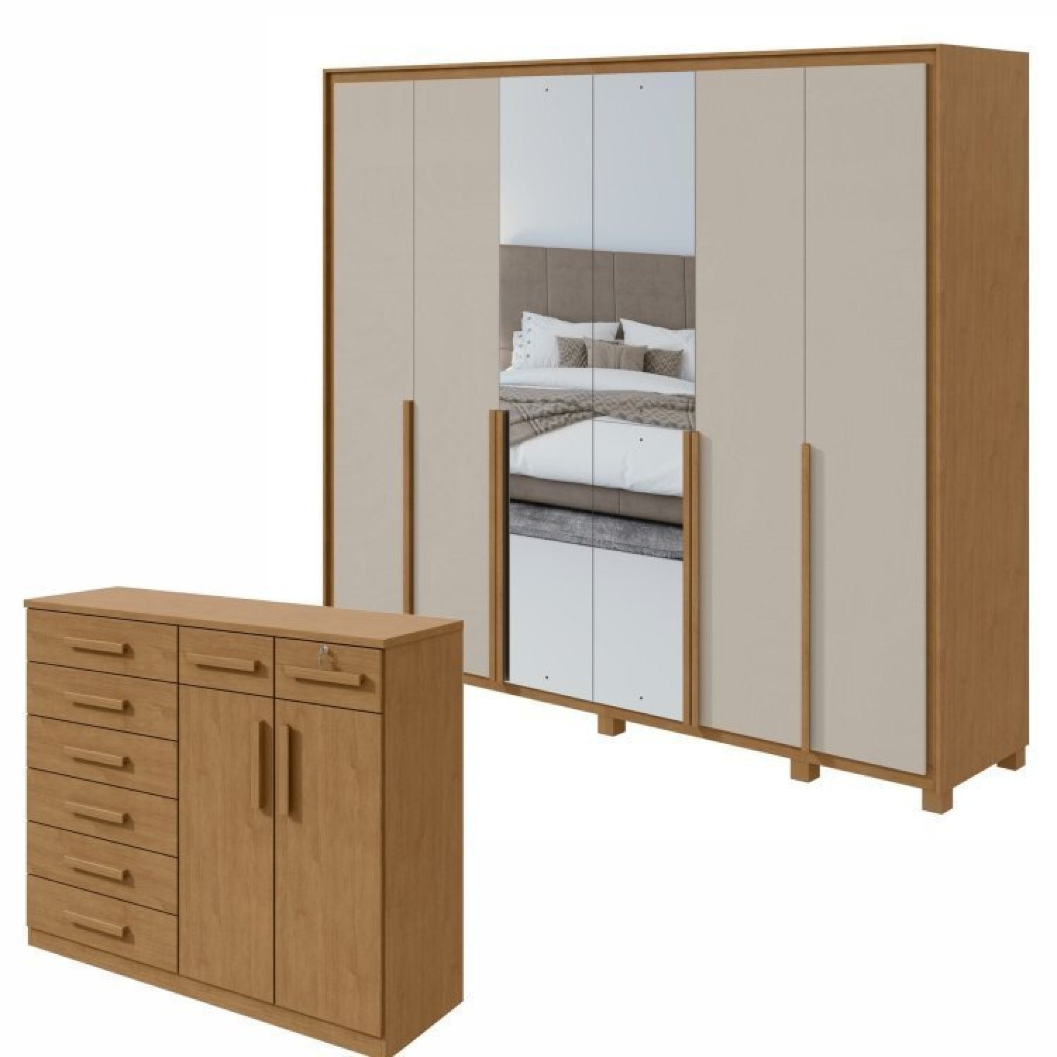 Conjunto De Guarda-roupa Com Espelho E Pés Imperatore Com Cômoda Toronto Amêndoa Clean/off White