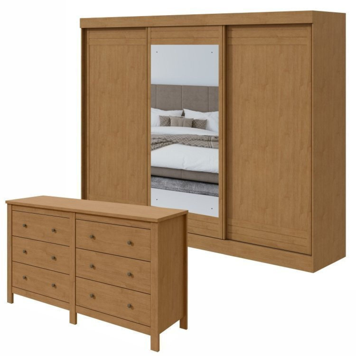 Conjunto De Guarda-roupa 3 Portas 4 Gavetas Nice Com Espelho e Cômoda 6 Gavetas Maggiore New Amêndoa Clean/off White