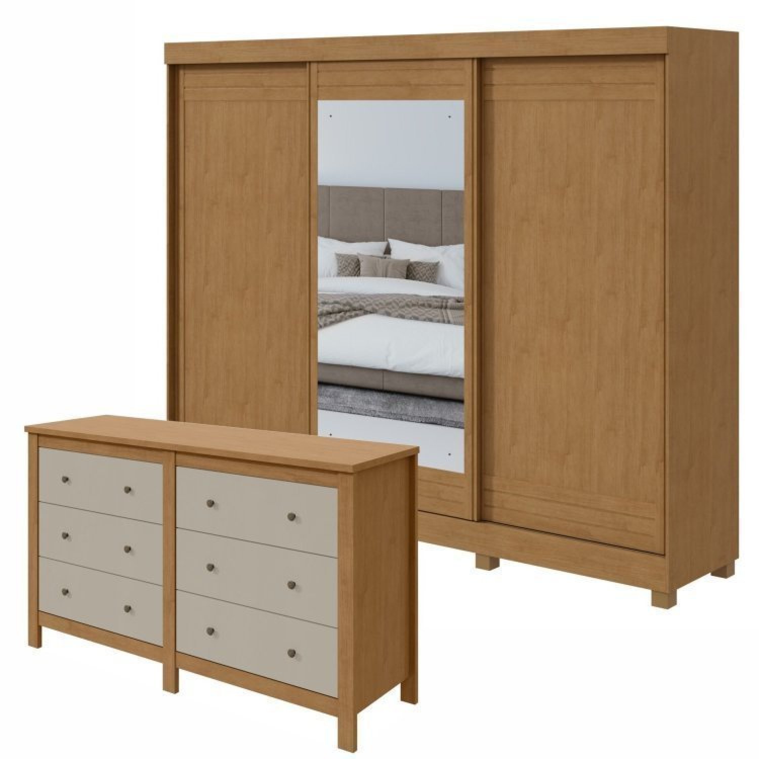 Conjunto De Guarda-roupa 3 Portas 4 Gavetas Nice Com Espelho E Com Pés e Cômoda Maggiore New  Amêndoa Clean/off White