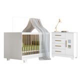 Quarto De Bebê Com Berço Mini Cama 100% Mdf Flocos E Cômoda 4 Gavetas 1 Porta Fly 100% Mdf Branco