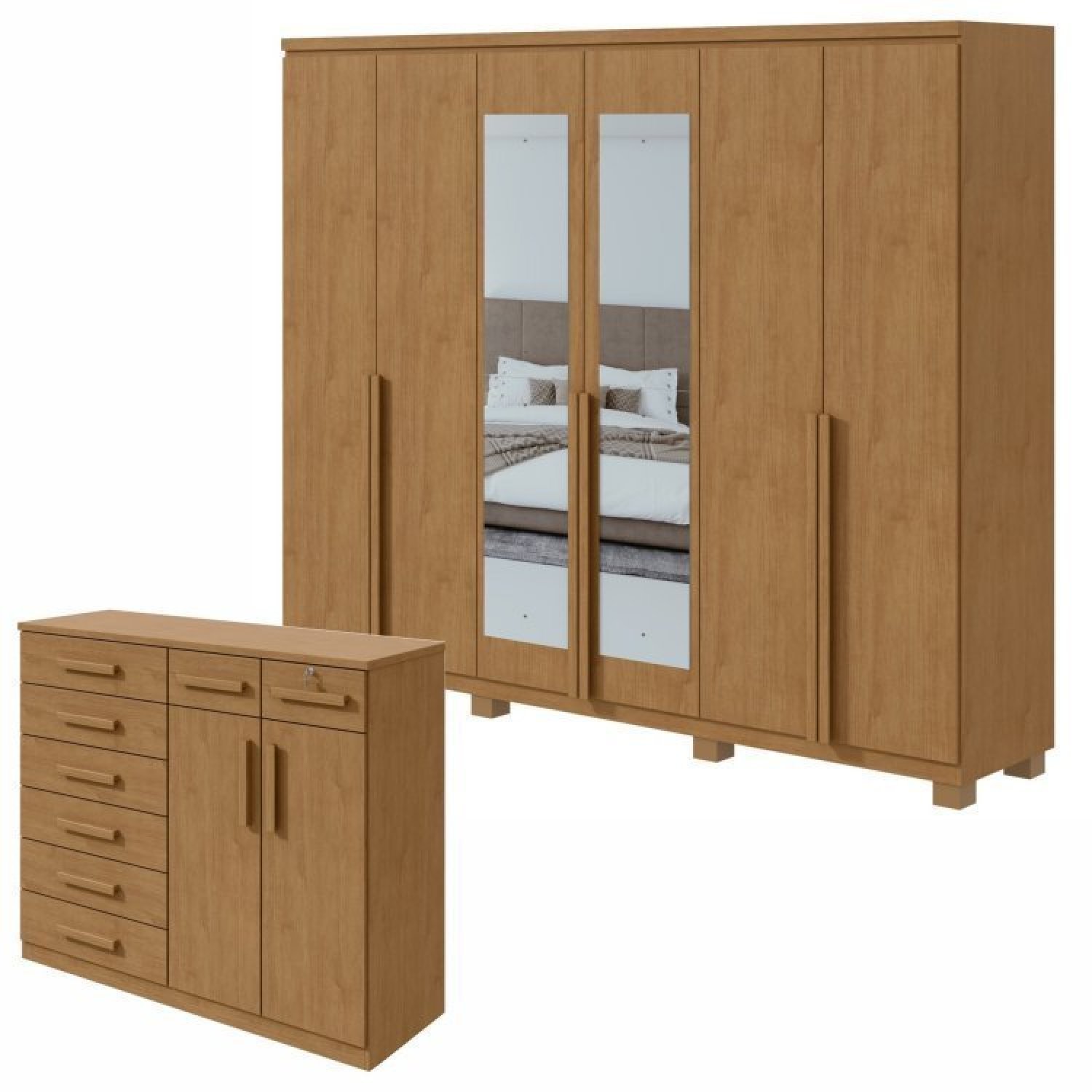 Conjunto De Guarda-roupa Alonzocom Espelho E Pés E Com Cômoda Toronto Amêndoa Clean