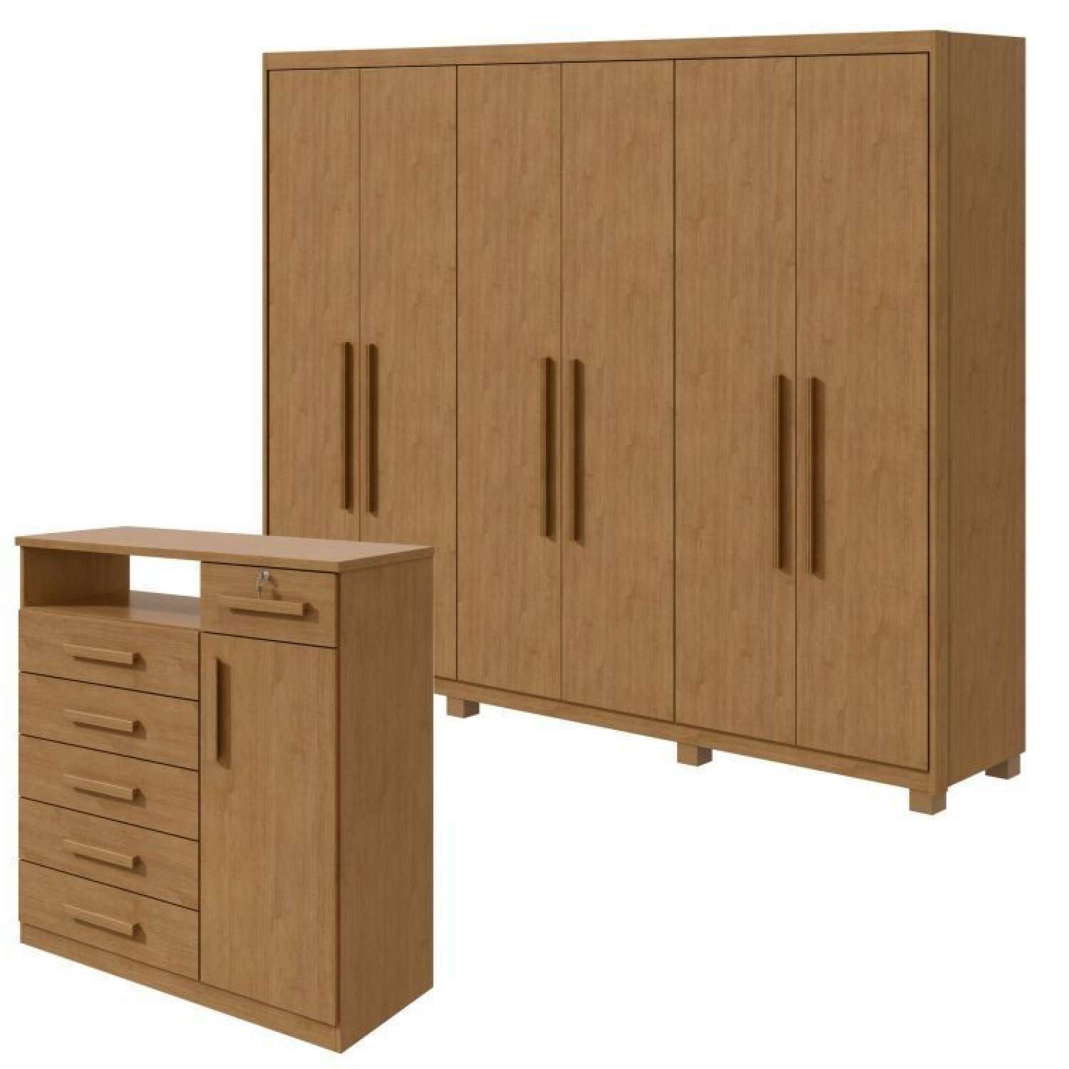 Conjunto De Guarda-roupa 6 Portas Áries Com Pés E Cômoda Da Vinci Com Nicho Amêndoa Clean