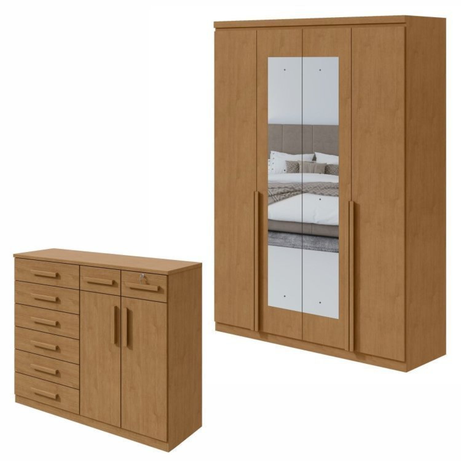 Conjunto De Guarda-roupa Alonzo Com Espelho E Cômoda Toronto Amêndoa Clean