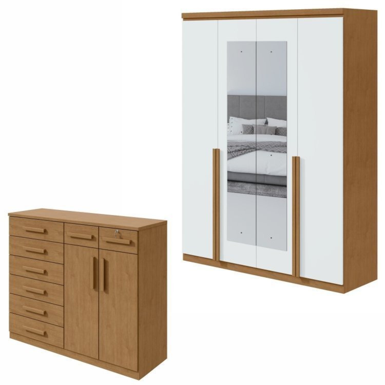 Conjunto De Guarda-roupa Alonzo 4 Portas Com Espelho E Cômoda Toronto Amêndoa Clean/branco