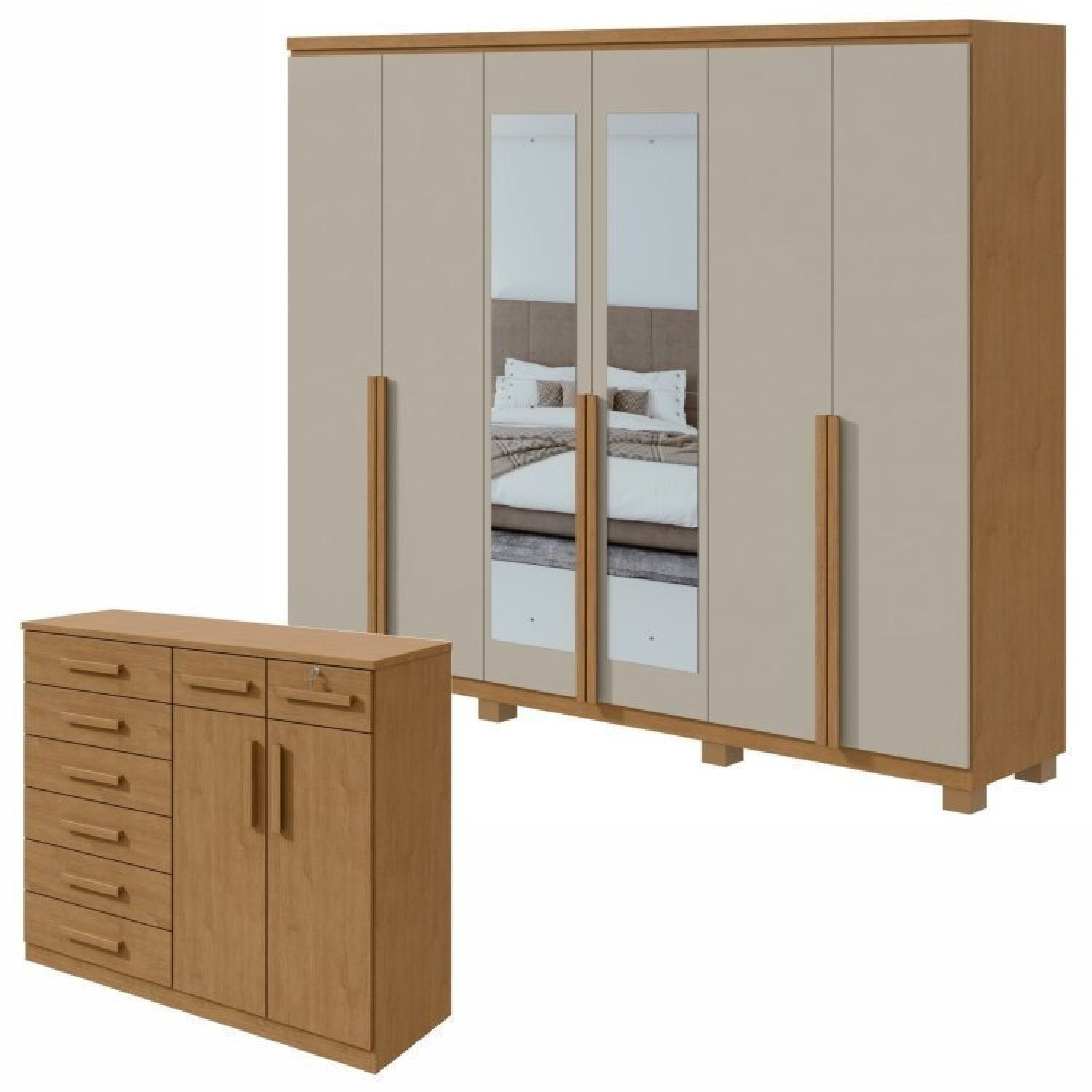 Conjunto De Guarda-roupa Alonzo Com Espelho E Pés E Com Cômoda Toronto Amêndoa Clean/off White