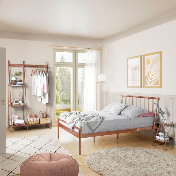 Conjunto Cama Queen, Mesa de Cabeceira e Arara de Roupas em Aço Begônia CabeCasa MadeiraMadeira Cobre