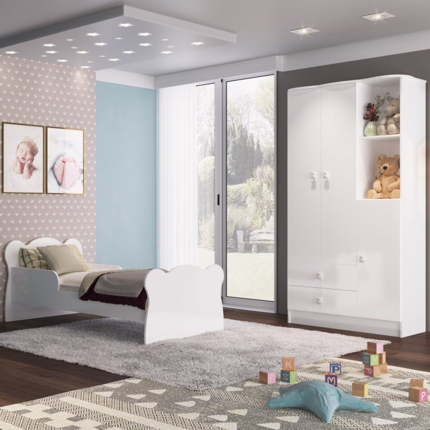 Quarto Infantil 4 Peças Com Cama Roupeiro Cômoda E Nicho Docinho Branco