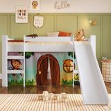 Cama Infantil Elevada Com Escorregador Branco Com Cortina Estampada Zoo Branco