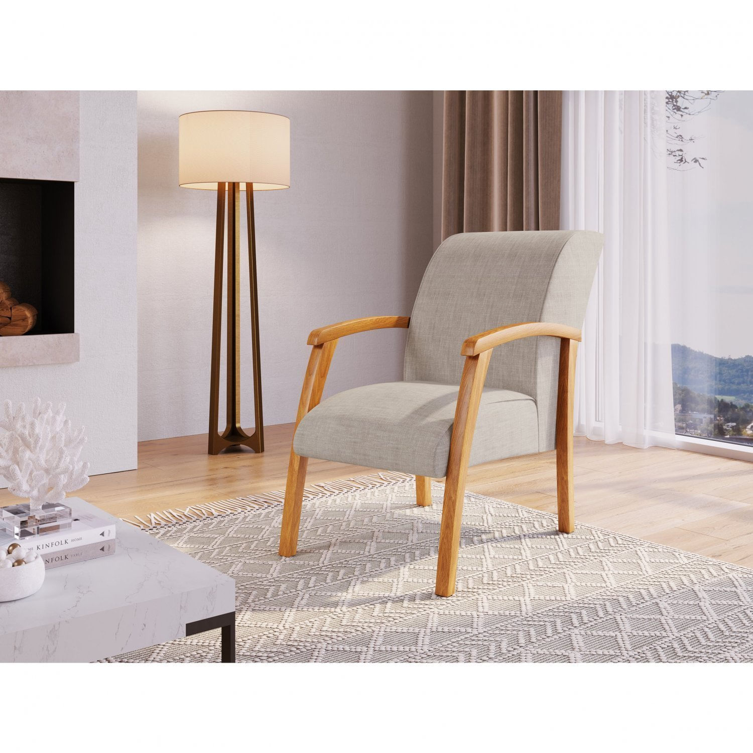 Poltrona Para Sala De Estar Em Veludo Braços Eucalipto Elise Cinza/madeirado