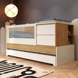 Berço Multifuncional Com Cama Auxiliar Cômoda 2 Gavetas 2 Nichos Regulagem De Estrado Sol E Mar Branco Acetinado Com Carvalho Treviso