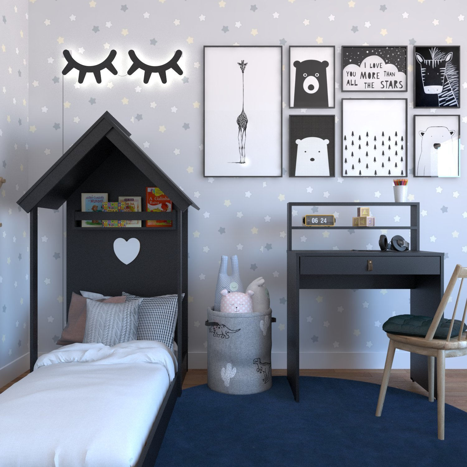 Conjunto Infantil Com Cama E Escrivaninha Bramov Móveis Preto