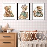 Kit 3 Quadros Quarto Bebê - Ursinha Vintage 45x34cm