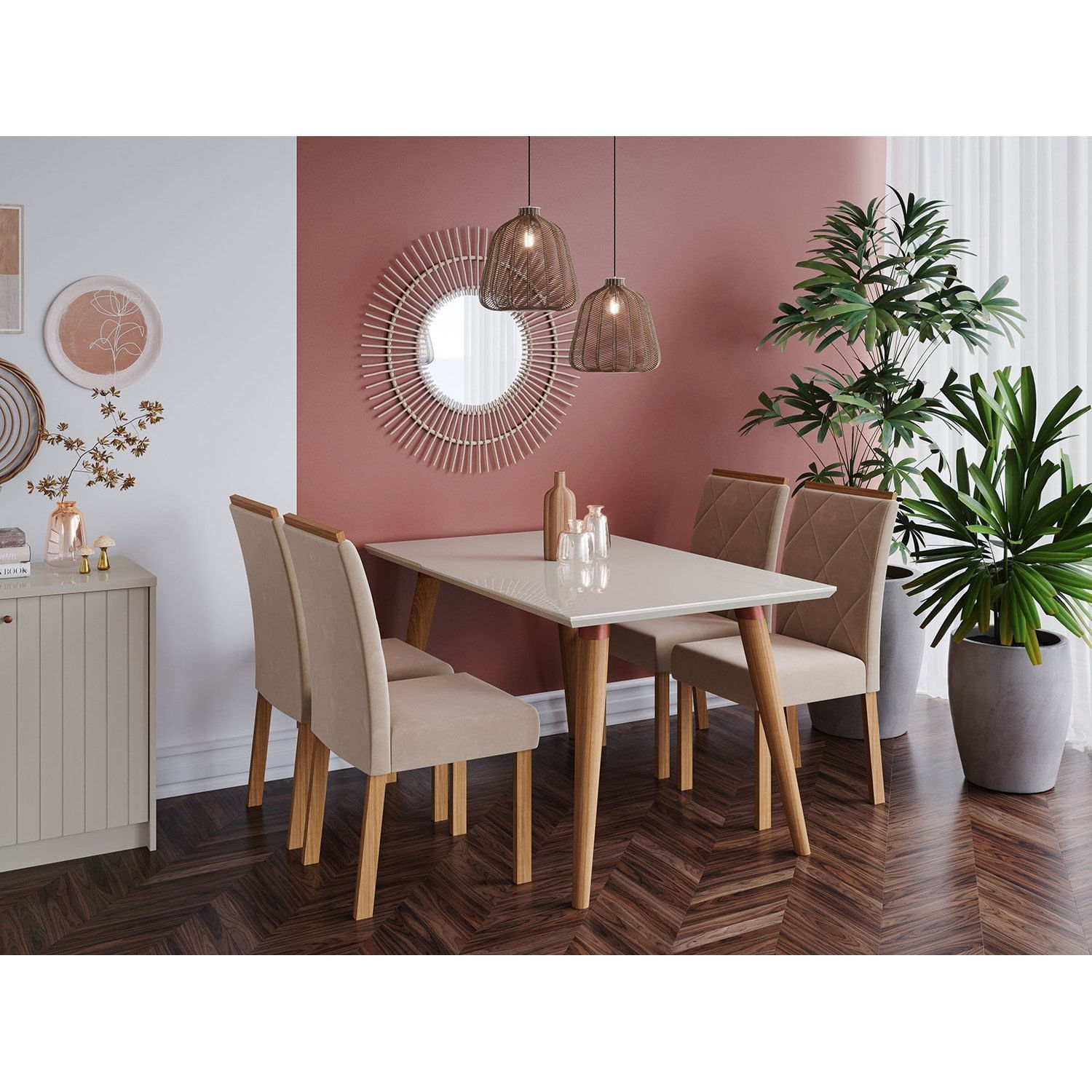 Conjunto Para Sala De Jantar Mesa 130cm Adele 4 Cadeiras Fernanda Madeira/off White/nude