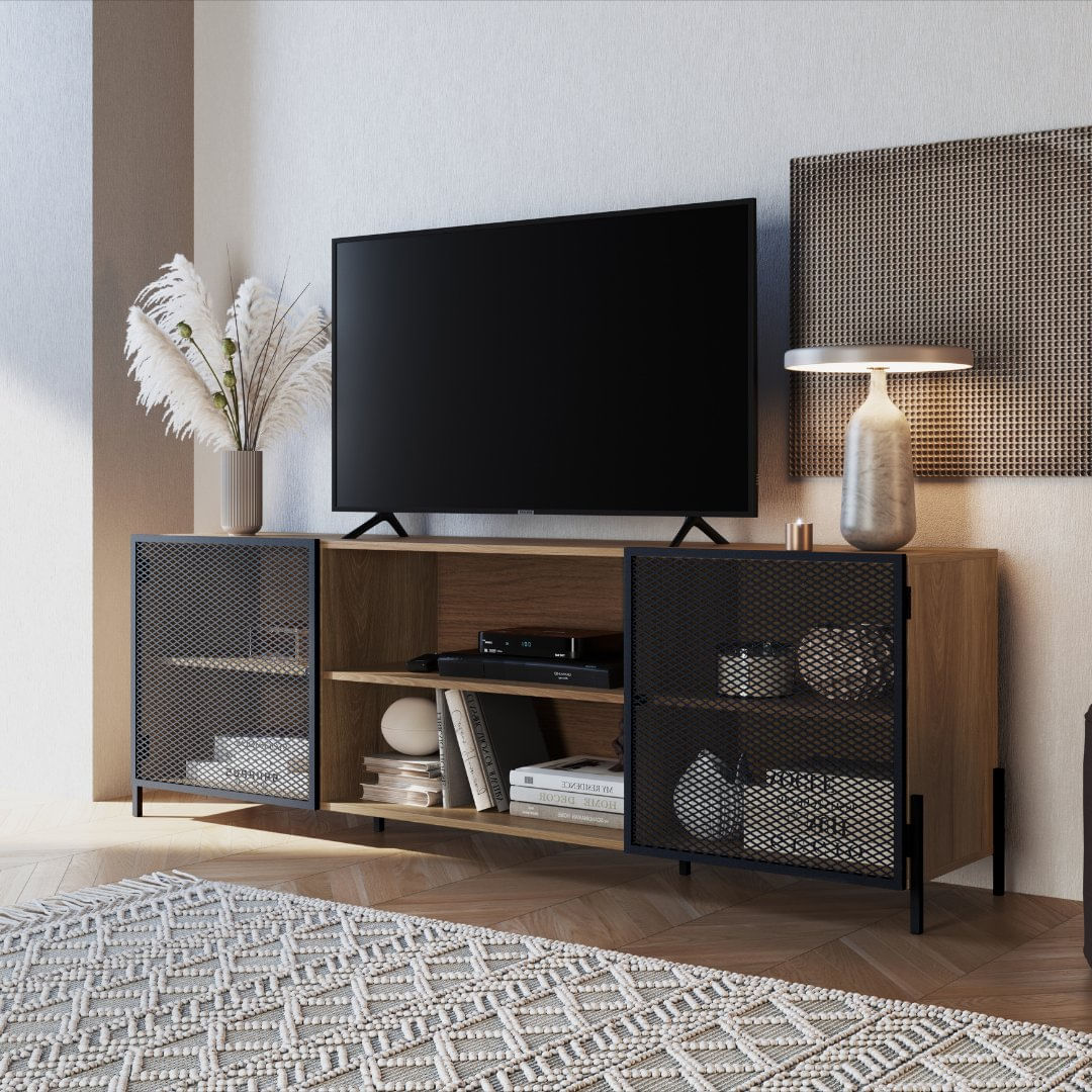 Rack Industrial Para Tv Até 70 Polegadas 180cm 2 Portas 2 Nichos York Artesano Hanover/preto