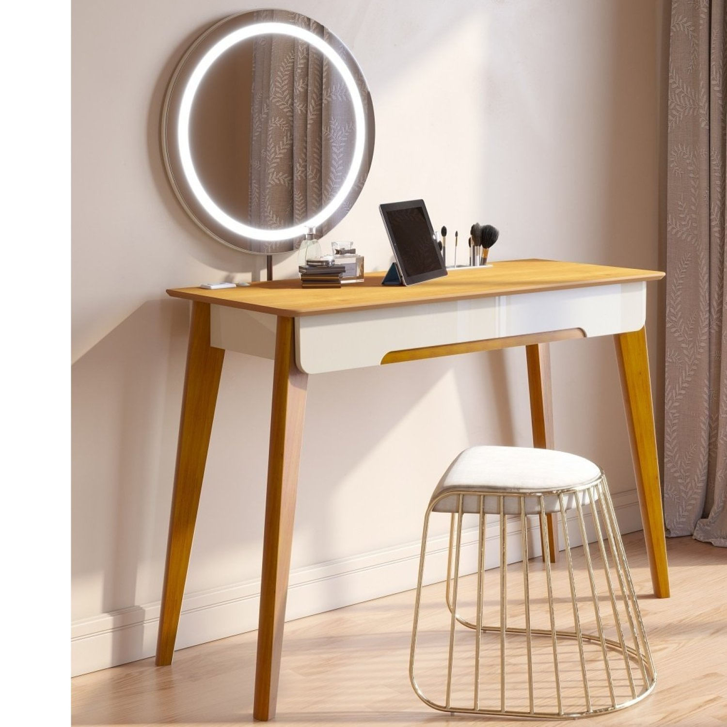 Penteadeira 1 Gaveta 116cm Espelho Com Led Contemporânea Jazz Off White/nature