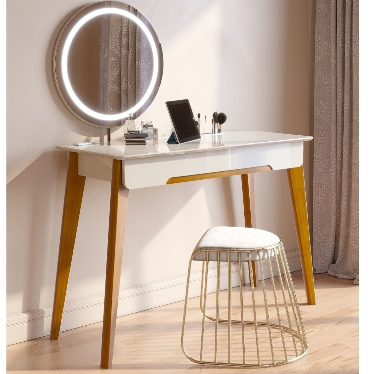 Penteadeira 1 Gaveta 116cm Espelho Com Led Contemporânea Jazz Off White