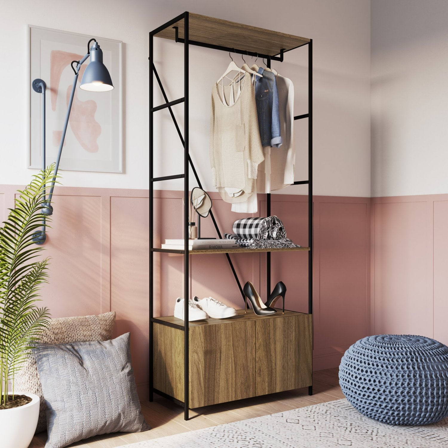 Estante Closet 2 Portas 1 Prateleiras 1 Cabideiro Sw018 Preto/noce Oro