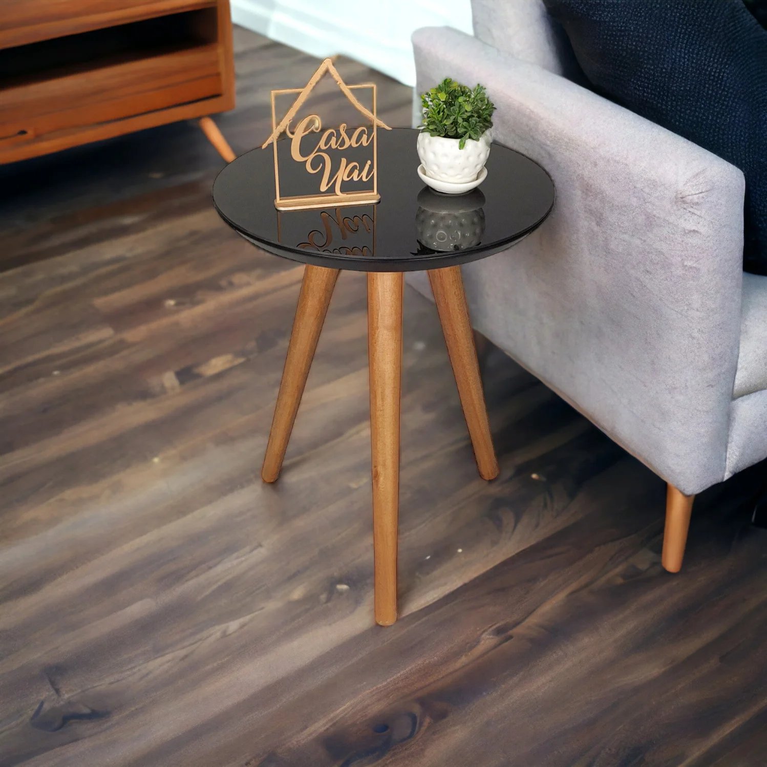 Mesa Lateral Com Vidro 50x40cm Pés Palito Preta Com Vidro