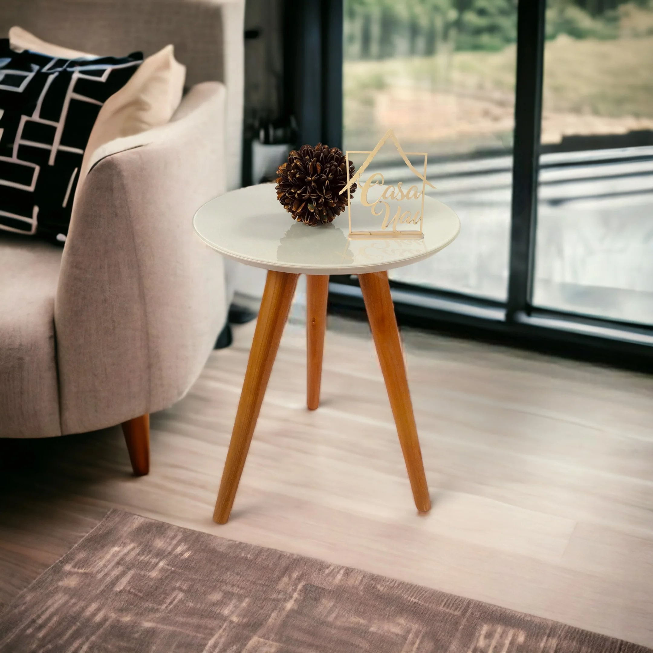 Mesa Lateral Tampo Com Vidro 50x40cm Pés Palito Off White Com Vidro