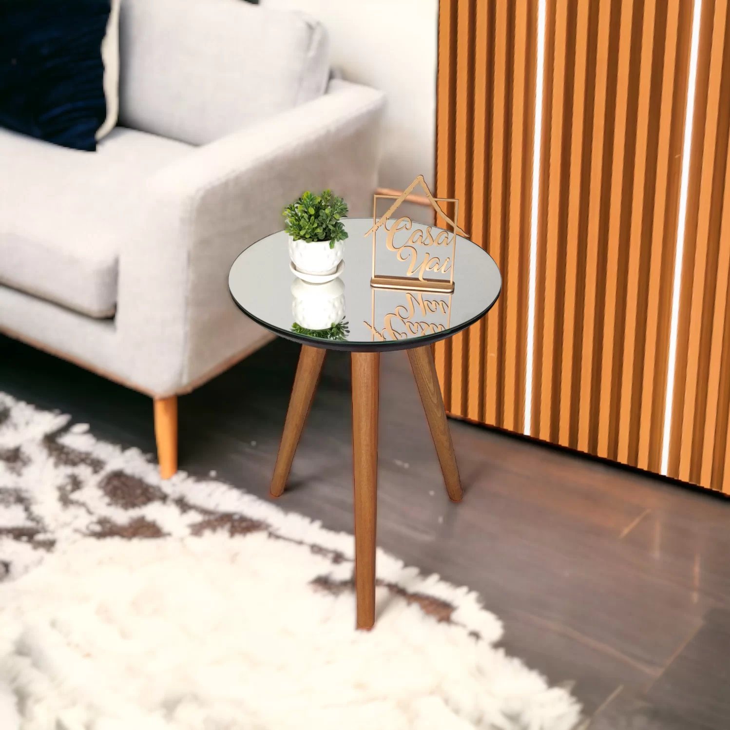 Mesa Lateral Tampo Espelhado 50x40cm Pés Palito Preta Com Espelho