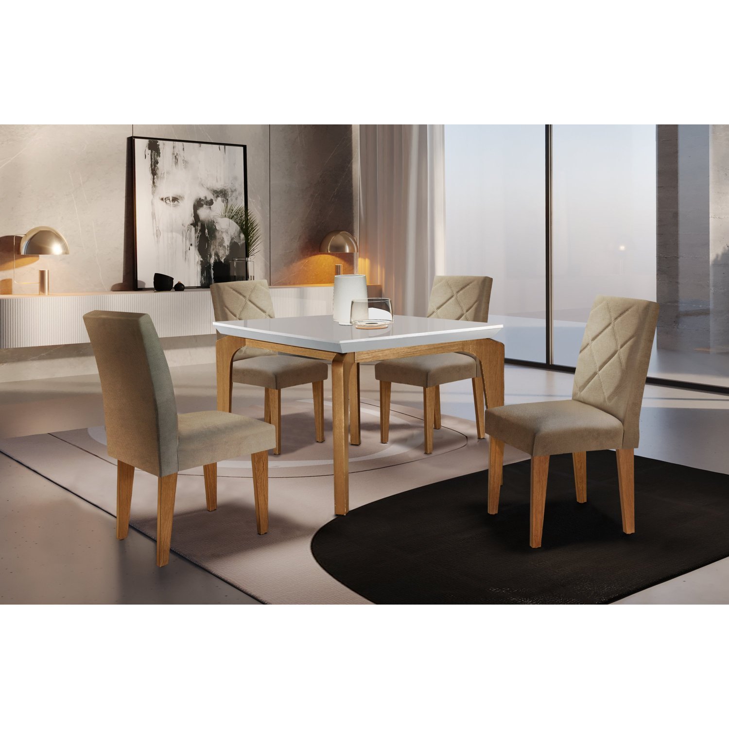 Conjunto Mesa 120cm Canto Reto Dublin E 4 Cadeiras Irlanda Turim 07/off White/imbuia
