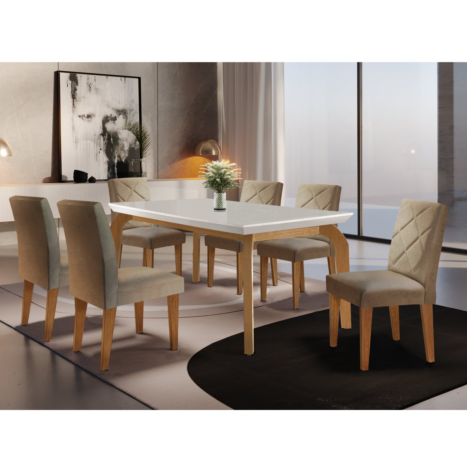 Mesa 180cm Canto Reto Dublin E 6 Cadeiras Irlanda Turim 07/off White/imbuia