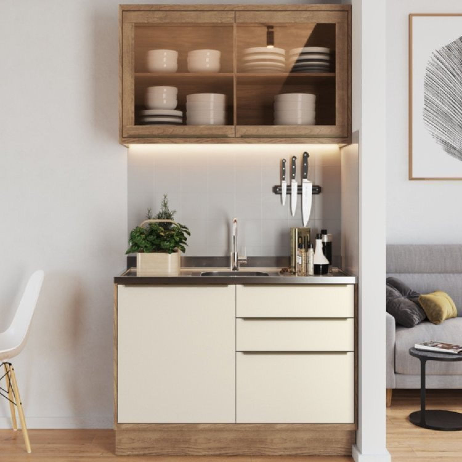 Cozinha Modulada Viena 2 Peças Com 1 Armário Aéreo Vidros Reflecta 1 Balcão 120cm