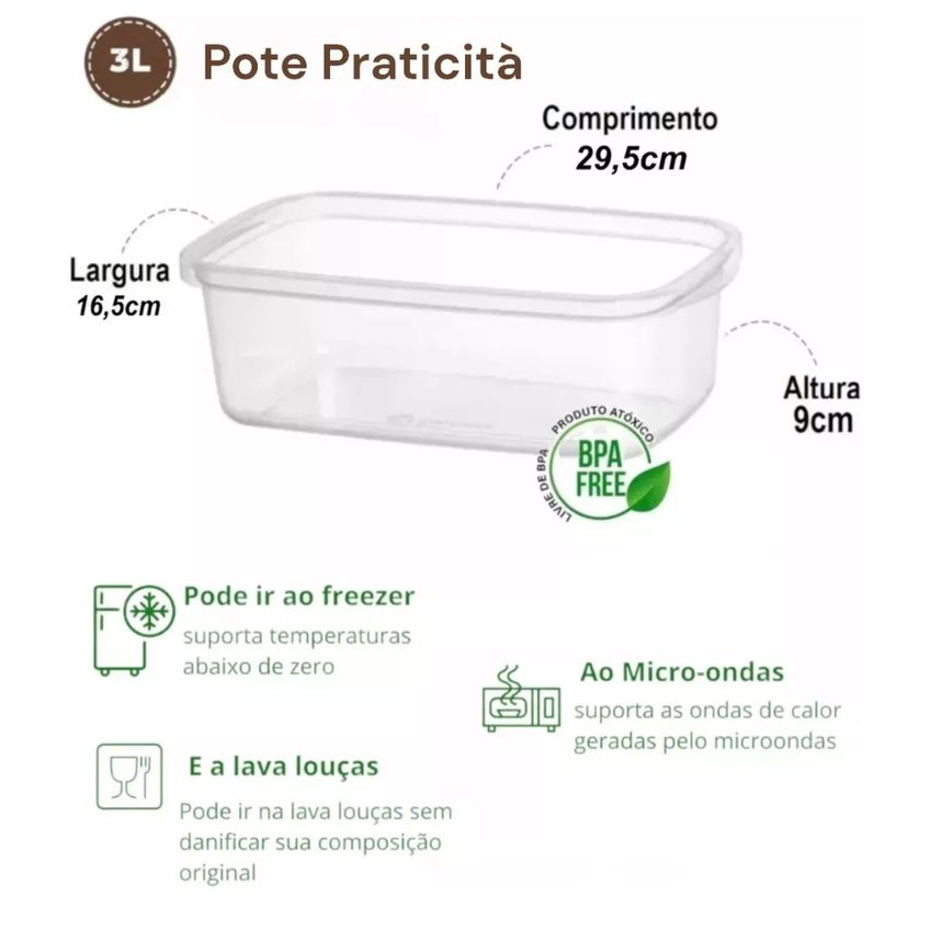 Pote Praticità 3litros Retangular Transparente Hermetico - Pode Ir Ao Microondas Freezer Lava Louça - Panami - imagem 4