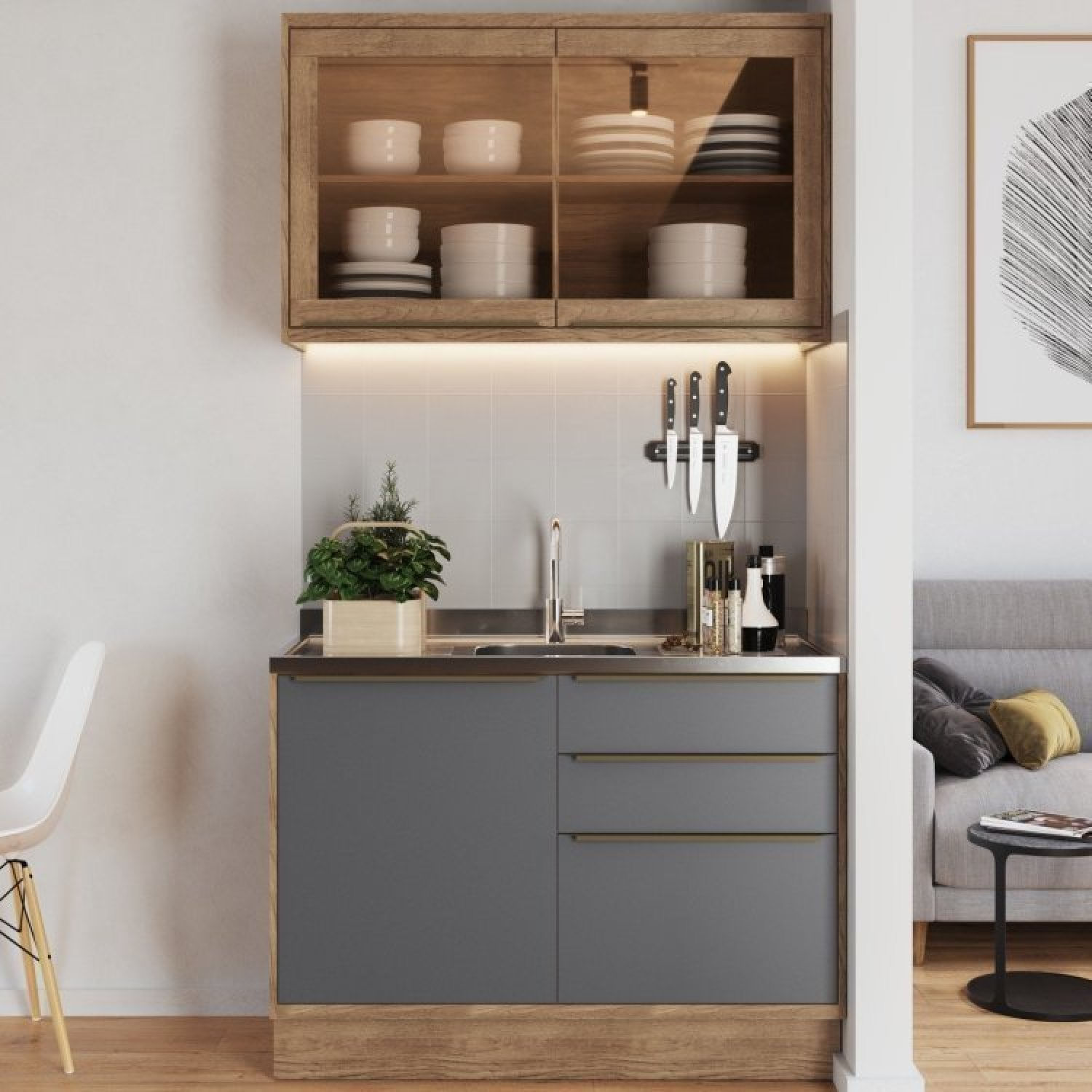 Cozinha Modulada Viena 2 Peças Com 1 Armário Aéreo Vidros Reflecta 1 Balcão 120cm