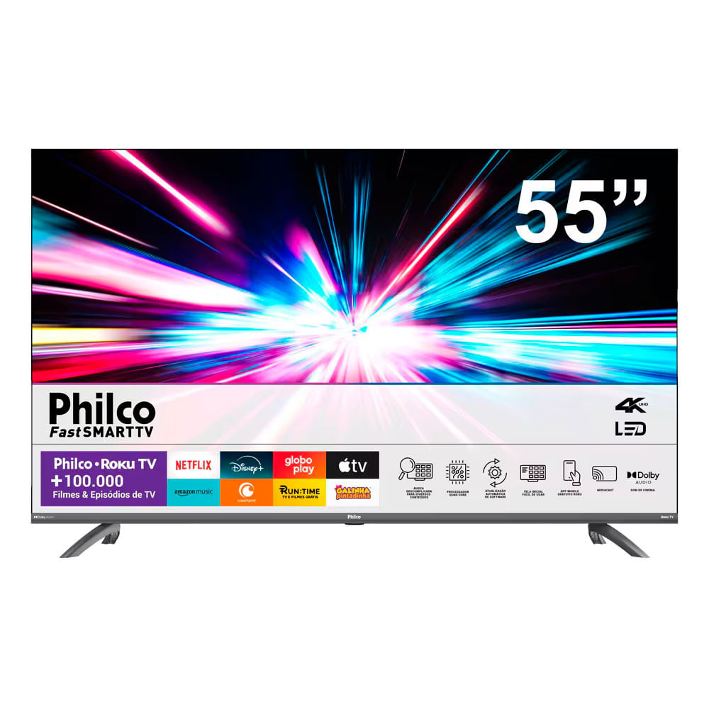 Smart Tv 55 Polegadas Philco Ultra Hd 4k Dled Ptv55g3ersgb Com Sistema Operacional Roku, Processador Quad Core, Dolby Audio, Media Cast, Hdmi E Usb