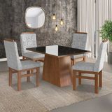 Conjunto Sala De Jantar Mesa 90x120cm Tampo Vidro Com 4 Cadeiras Madeira Maciça Tecido Joli Canela/preto