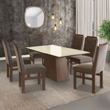Conjunto Sala De Jantar Mesa 90x160cm Tampo Vidro Com 6 Cadeiras Madeira Maciça Tecido Joli Marrom/off White