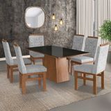 Conjunto Sala De Jantar Mesa 90x160cm Tampo Vidro Com 6 Cadeiras Madeira Maciça Tecido Linho Canela/preto