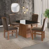 Conjunto Sala De Jantar Mesa 90x120cm Tampo Vidro Com 4 Cadeiras Madeira Maciça Tecido Joli Canela/preto